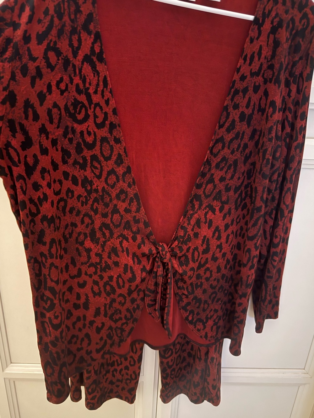Chico's travelers Red and Black Leopard Print Top and matching bottoms.